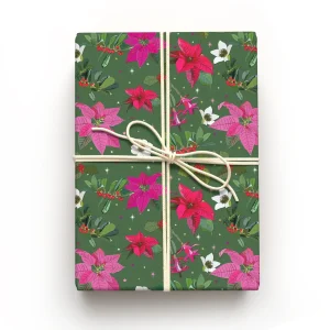 Christmas Poinsettia Green Gift Wrap