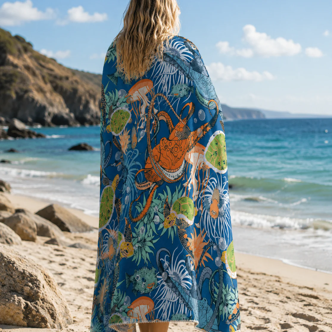 Octopodidae Sea Life Super Soft Blue Sherpa Blanket - Image 3