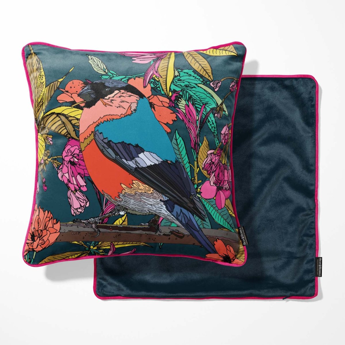 Floral Bullfinch Navy Velvet Bird Cushion - Image 3