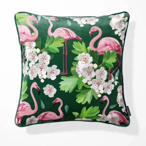 Pretty Flamingos Green Velvet Cushion